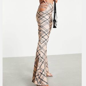 Fashionkilla check pants with cut-out detail in tan